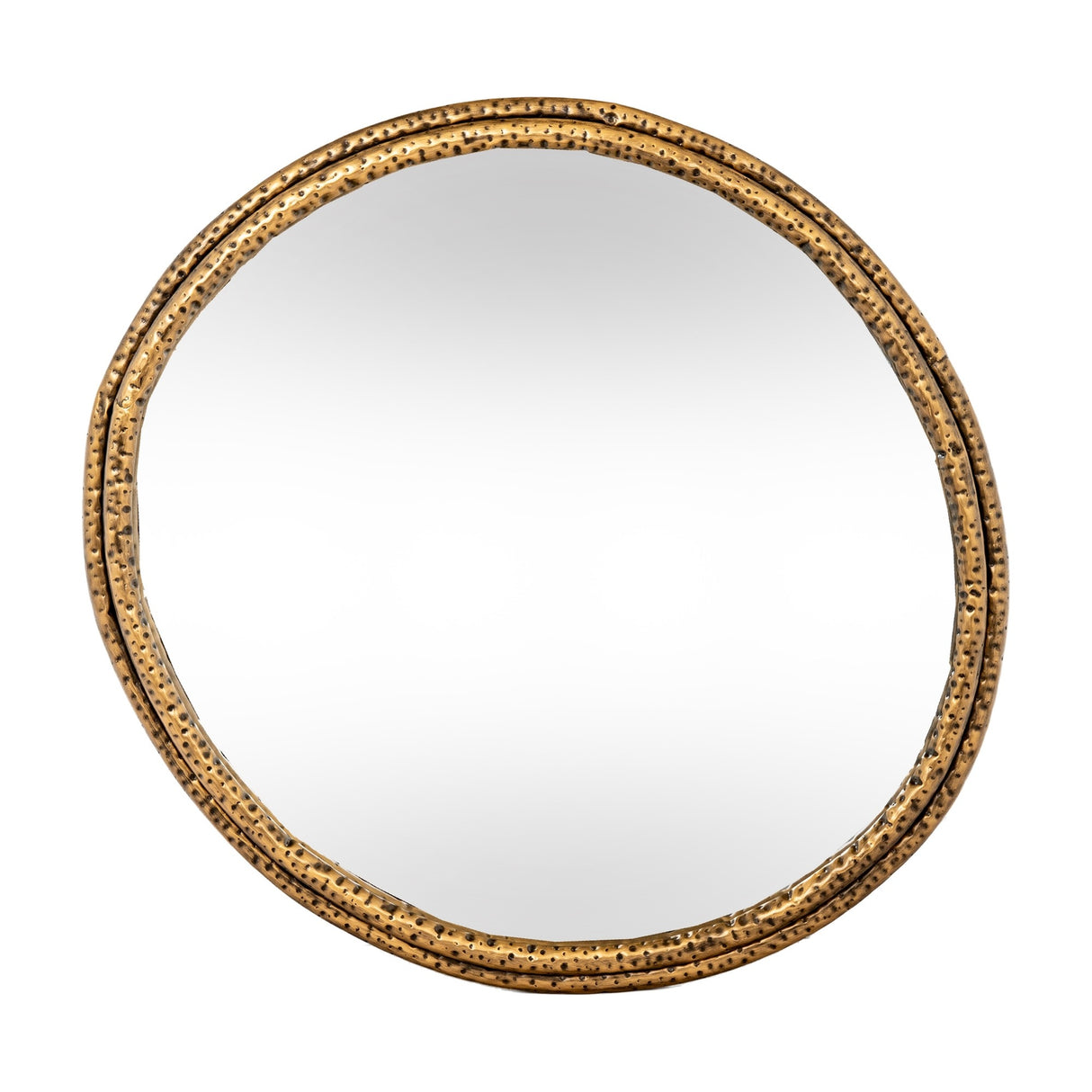 Hill Interiors Sillura small round wall mirror with a dimpled gold textured frame and clear glass, shown against a plain white background.