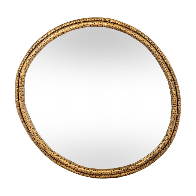 Hill Interiors Sillura small round wall mirror with a dimpled gold textured frame and clear glass, shown against a plain white background.