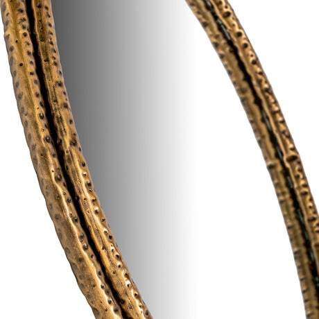 Close-up of the Hill Interiors Sillura Small Round Mirror showing its dimpled, textured gold frame and clear glass against a white background.