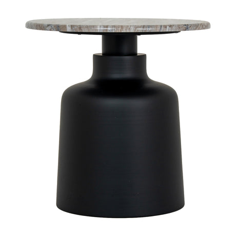 Hill Interiors Themworth round side table with a grey marble-effect top on a matte black metal bell-shaped base, shown on a plain white background.