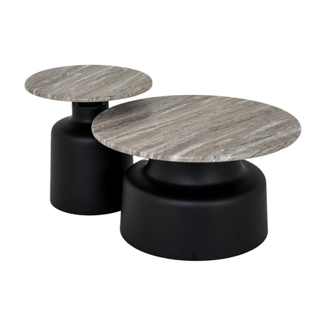 Set of two Themworth round coffee tables by Hill Interiors with marble-effect tops in grey tones on matte black metal bases, shown on a white background.