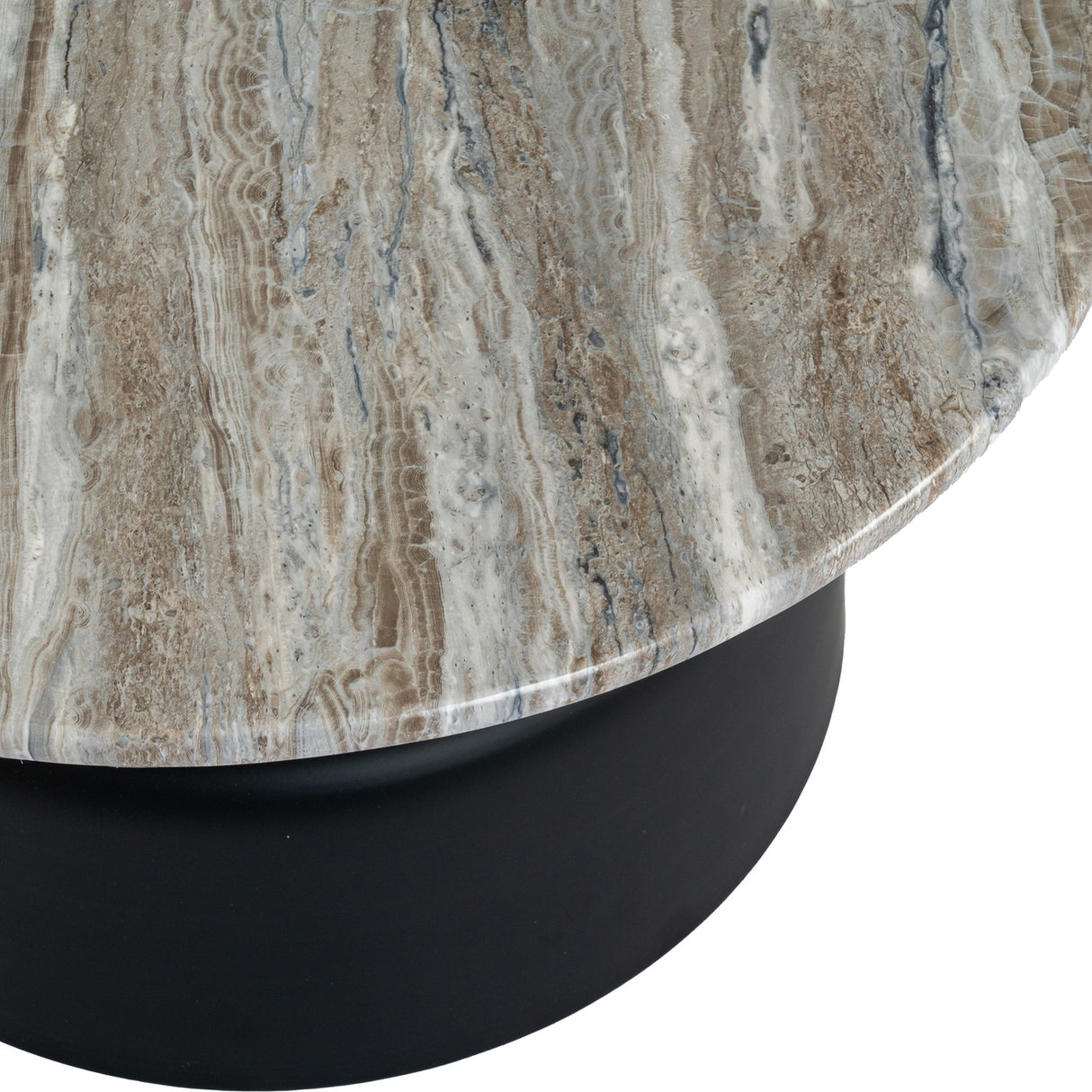 Close-up of the Hill Interiors Themworth round coffee table showing the grey and beige veined marble-effect top on a matte black cylindrical base.
