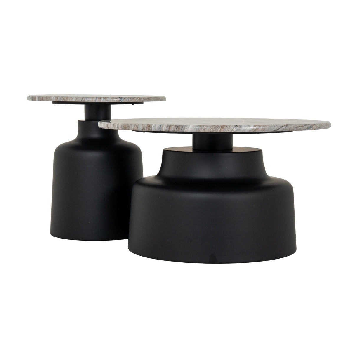 Hill Interiors Themworth round coffee tables with marbled stone tops on matte black metal pedestal bases in two heights, shown on a white background.