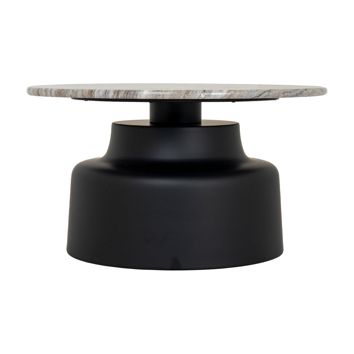 Themworth Round Coffee Table by Hill Interiors with a marbled stone-effect circular top on a matte black tapered metal base, shown on a white background.