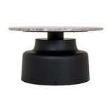 Themworth Round Coffee Table by Hill Interiors with a marbled stone-effect circular top on a matte black tapered metal base, shown on a white background.
