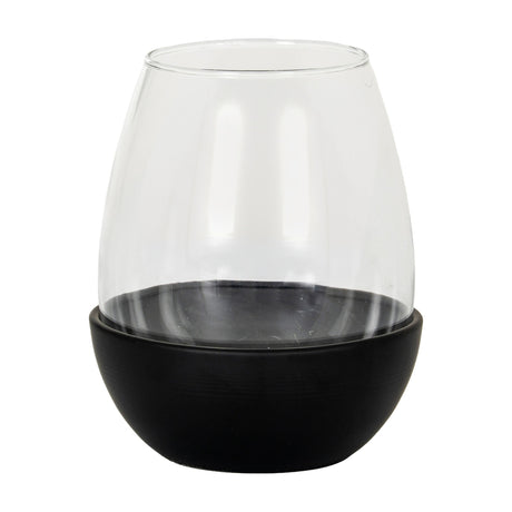 Hill Interiors medium candle holder with a rounded matte black base and clear glass goblet cup, shown on a plain white background.