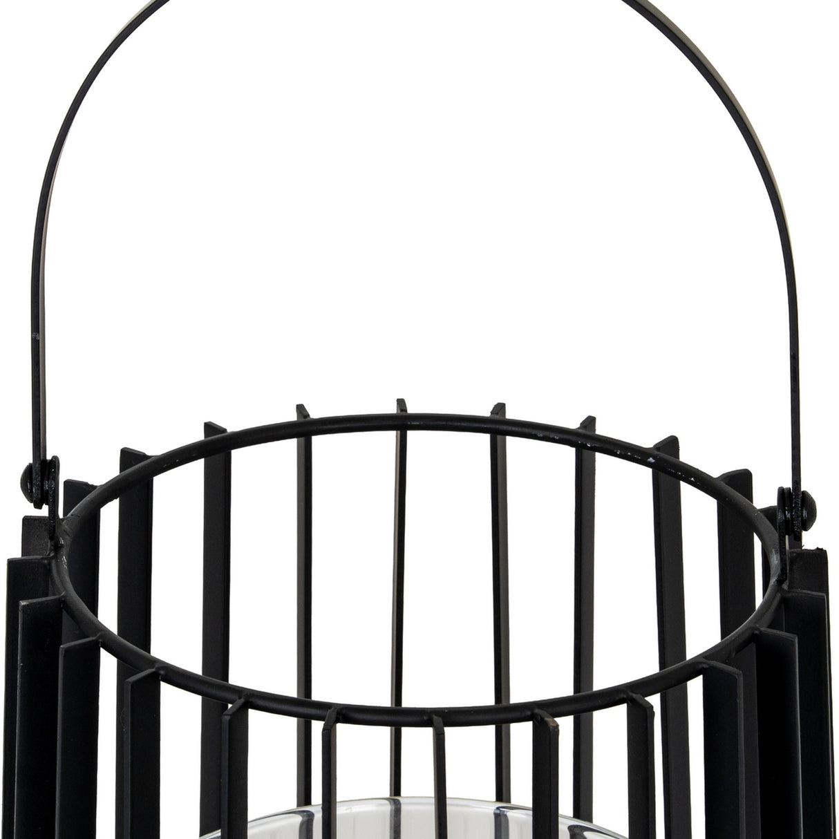 Close-up of the Hill Interiors large black lantern showing the metal slatted cage top, fixed arched handle and glass candle holder interior.