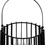Close-up of the Hill Interiors large black lantern showing the metal slatted cage top, fixed arched handle and glass candle holder interior.