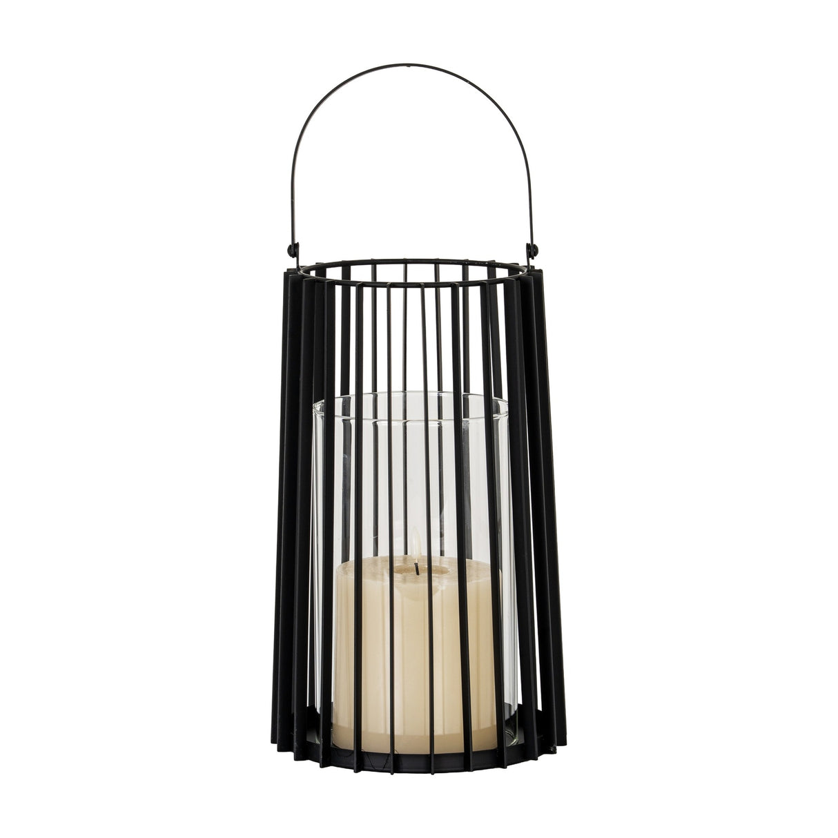 Hill Interiors large black metal lantern with vertical slatted frame, arched handle and clear glass hurricane holding a cream pillar candle.