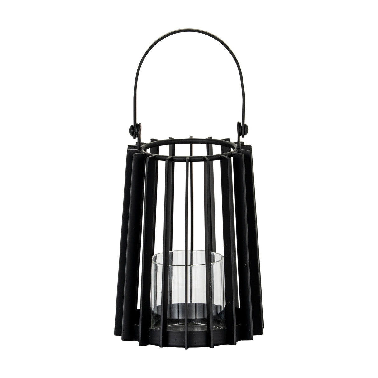 Hill Interiors small black metal lantern with vertical slatted frame, arched carry handle and clear glass candle holder, shown on a plain white background.