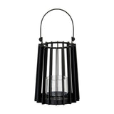 Hill Interiors small black metal lantern with vertical slatted frame, arched carry handle and clear glass candle holder, shown on a plain white background.