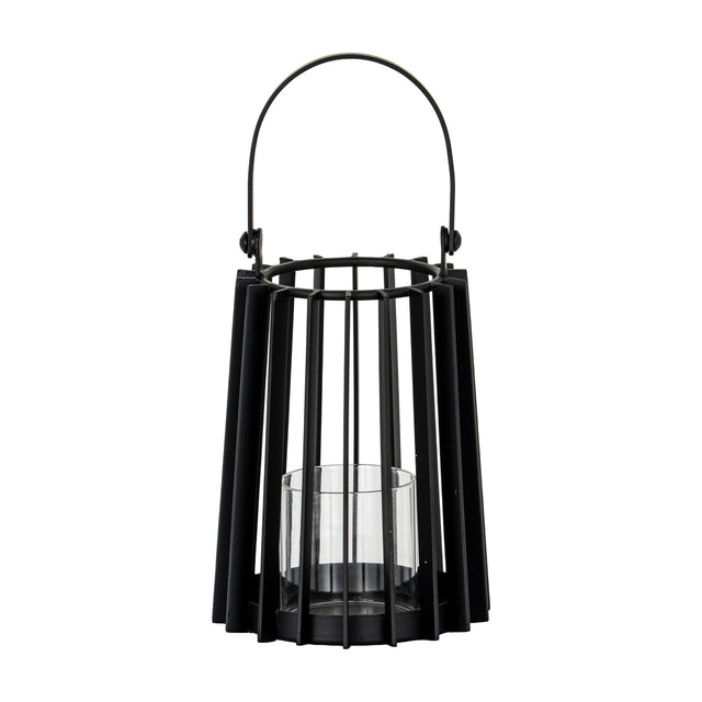 Hill Interiors small black metal lantern with vertical slatted frame, arched carry handle and clear glass candle holder, shown on a plain white background.