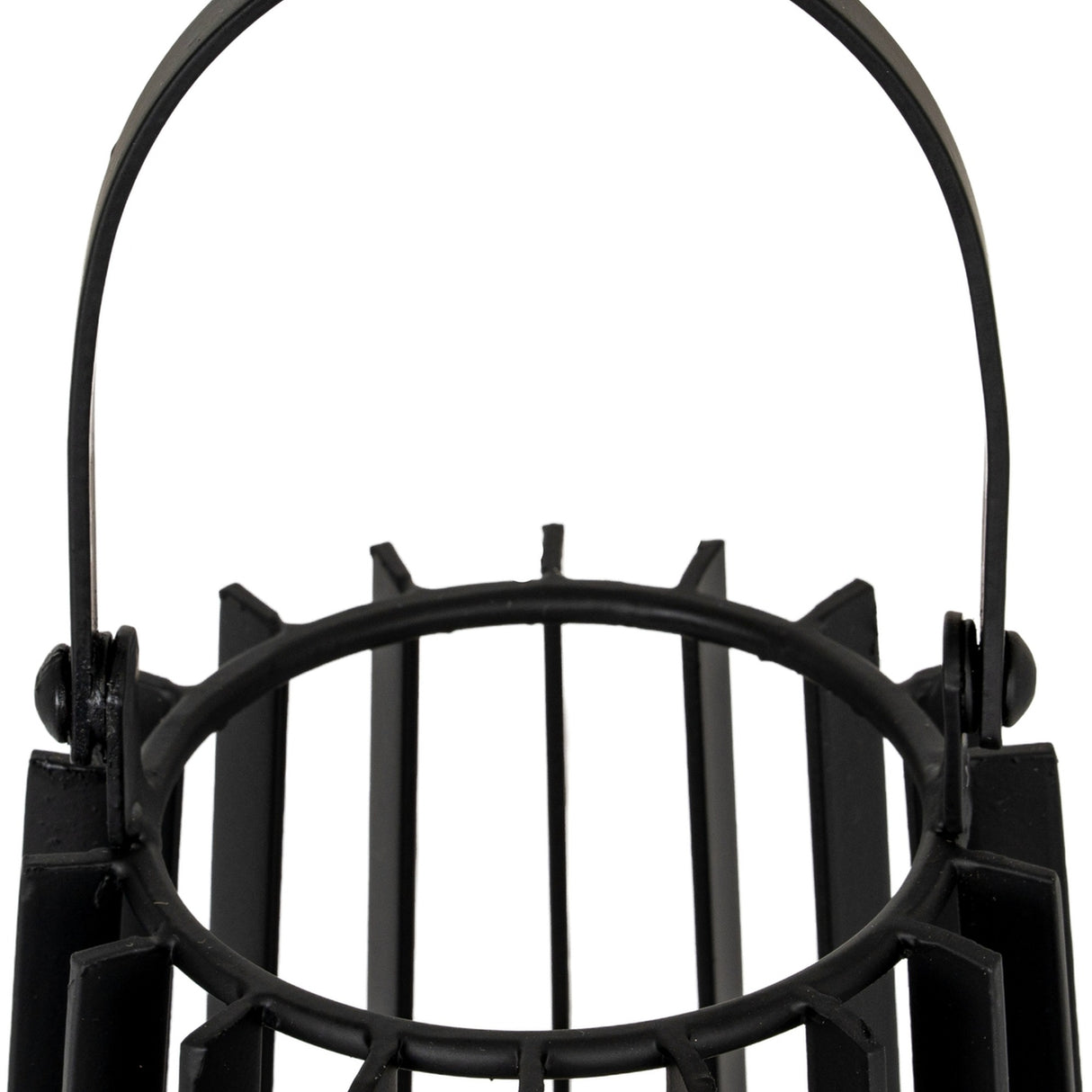 Close-up of the Hill Interiors small black metal lantern showing the arched carry handle and slatted top frame around the glass candle holder.