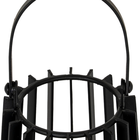 Close-up of the Hill Interiors small black metal lantern showing the arched carry handle and slatted top frame around the glass candle holder.