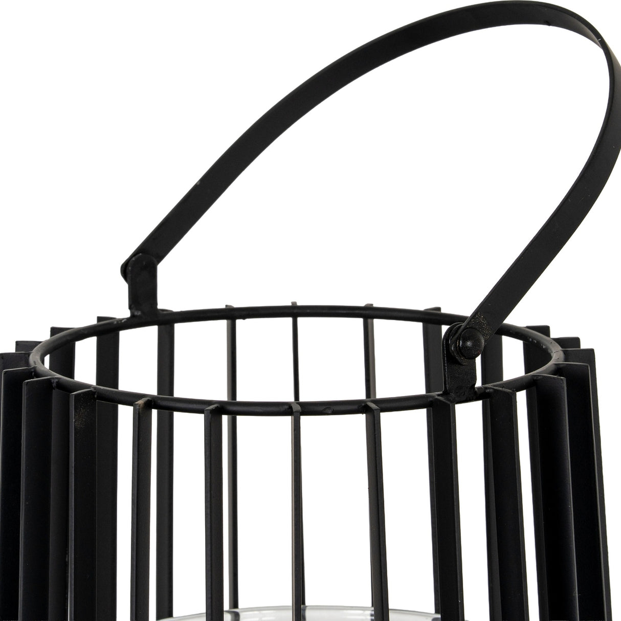 Close-up of the Hill Interiors small black lantern showing the vertical slatted metal frame, top rim and curved carry handle on a white background.