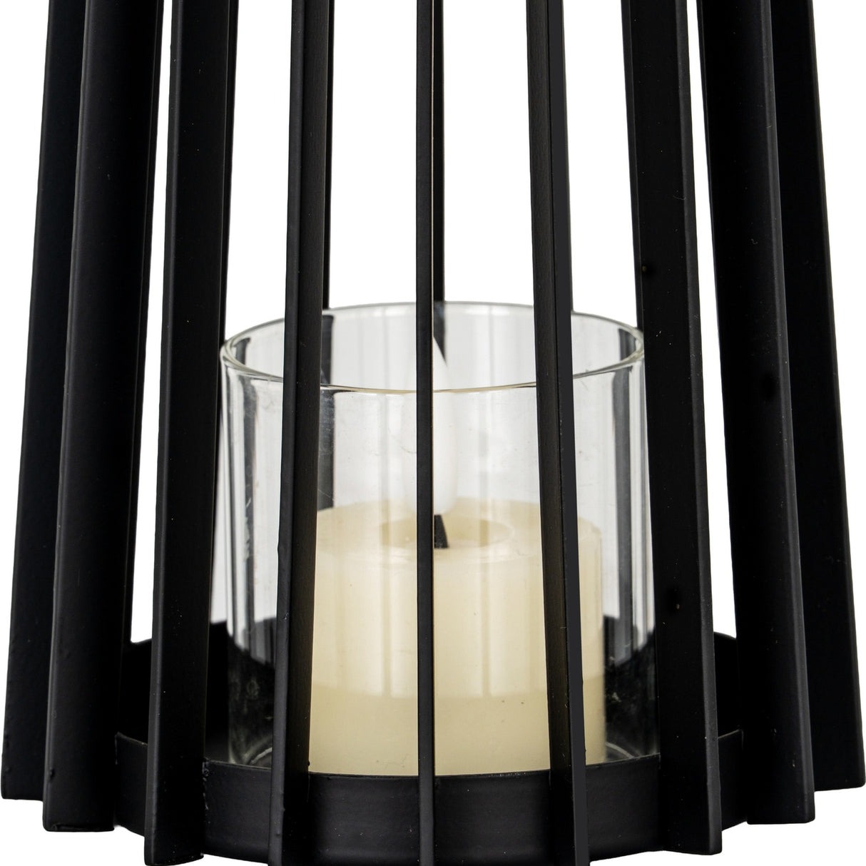 Hill Interiors small black lantern shown in close-up, with slim vertical metal bars framing a clear glass holder and pale pillar candle inside.