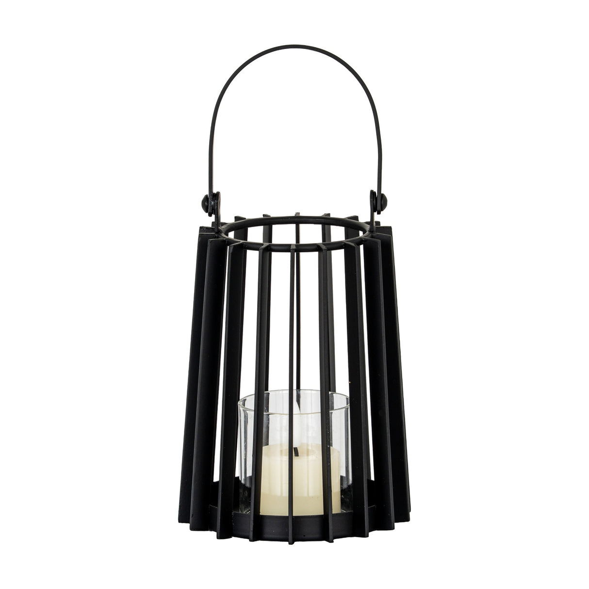 Hill Interiors small black metal lantern with slatted frame, arched carry handle and clear glass holder containing a pillar candle, on a white background.