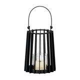 Hill Interiors small black metal lantern with slatted frame, arched carry handle and clear glass holder containing a pillar candle, on a white background.