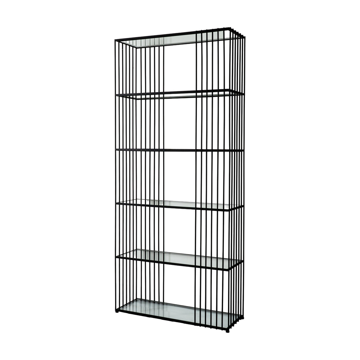 Hill Interiors Glass Shelf Unit with slim black powder-coated metal frame and five clear tempered glass shelves, shown against a plain white background.