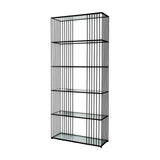 Hill Interiors Glass Shelf Unit with slim black powder-coated metal frame and five clear tempered glass shelves, shown against a plain white background.