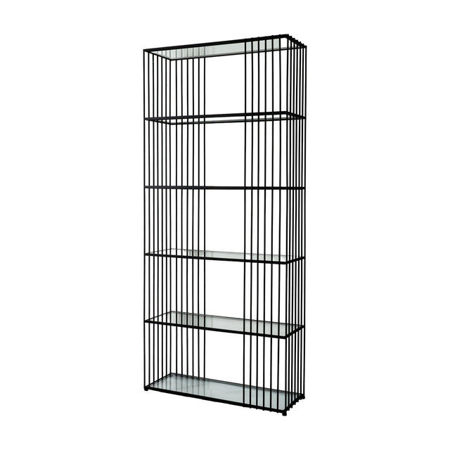 Hill Interiors Glass Shelf Unit with slim black powder-coated metal frame and five clear tempered glass shelves, shown against a plain white background.