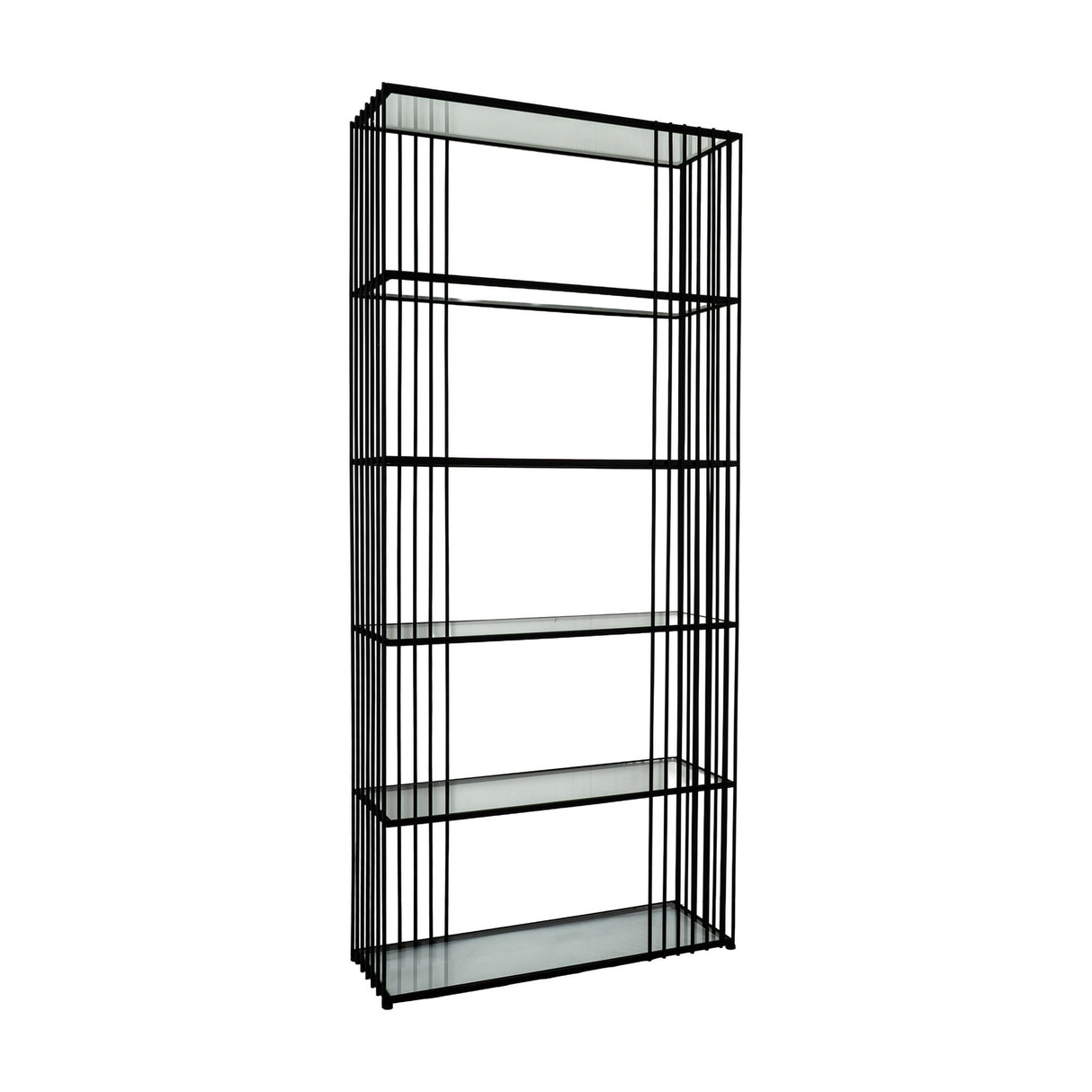 Hill Interiors Glass Shelf Unit with tall black metal frame and six clear tempered glass shelves, shown against a plain white background.