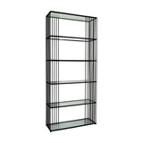 Hill Interiors Glass Shelf Unit with tall black metal frame and six clear tempered glass shelves, shown against a plain white background.