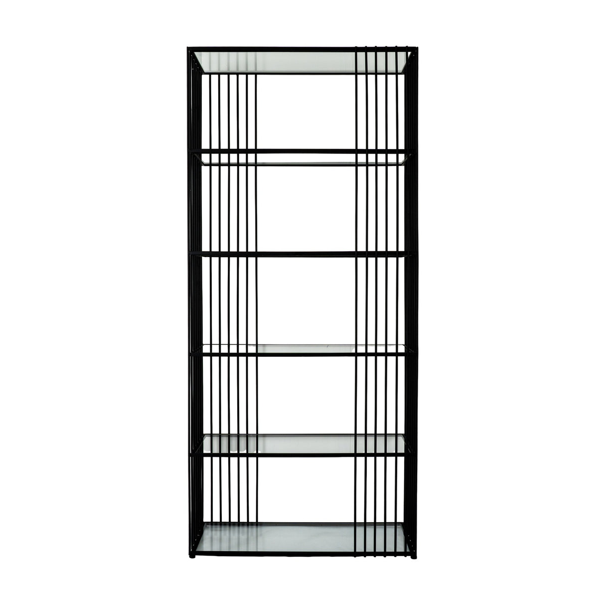 Hill Interiors freestanding shelving unit with slim black metal frame, vertical bars and five clear tempered glass shelves, shown against a white background.