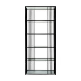 Hill Interiors freestanding shelving unit with slim black metal frame, vertical bars and five clear tempered glass shelves, shown against a white background.