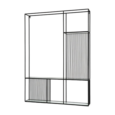 Hill Interiors Glass Shelf Unit with Black Frame in black, a tall rectangular wall-mounted shelving unit with slim metal frame and glass shelves.