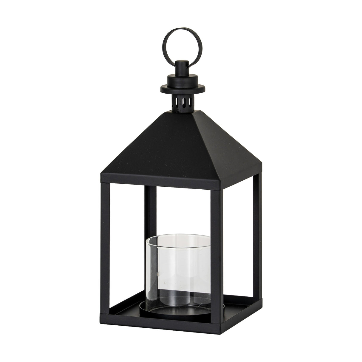 Hill Interiors medium black metal lantern candle holder with pyramid top, ring handle and clear glass pillar holder inside, on a white background.