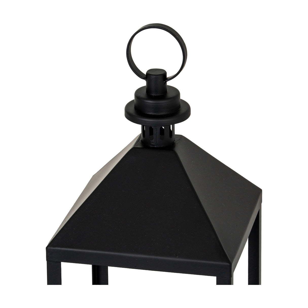 Close-up of the Hill Interiors Medium Glass Lantern Candle Holder's black metal pyramid roof with vented cap and ring handle, on a white background.