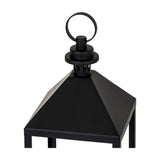 Close-up of the Hill Interiors Medium Glass Lantern Candle Holder's black metal pyramid roof with vented cap and ring handle, on a white background.