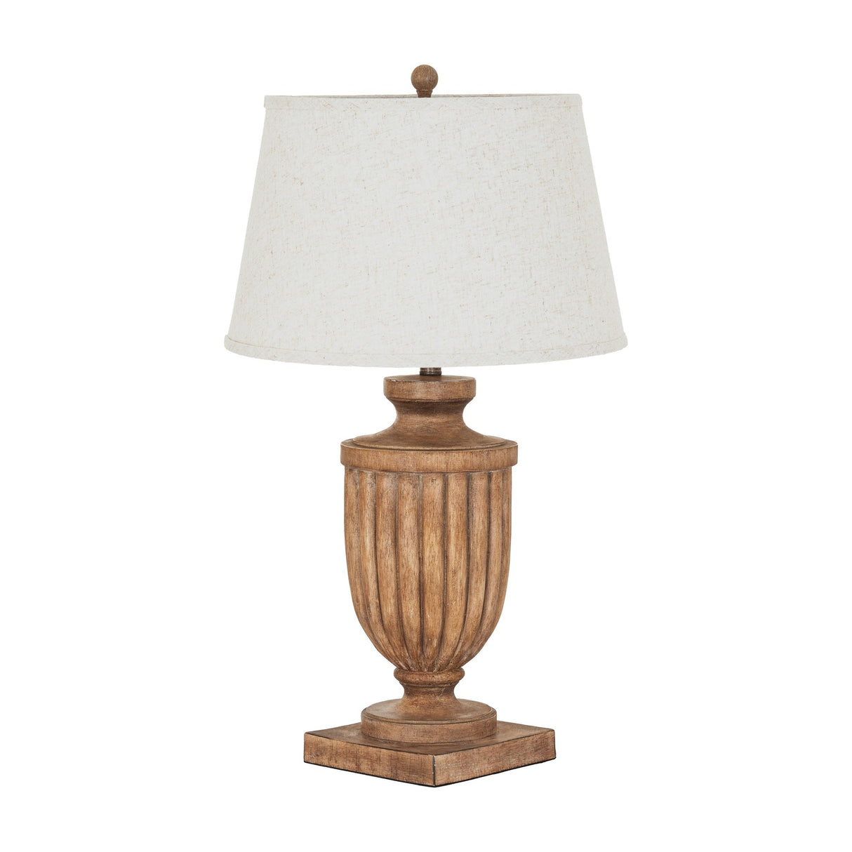 Hill Interiors Table Lamp with Edged Linen Shade in brown, featuring a fluted urn-shaped resin base on a square plinth and tapered linen shade.