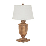 Hill Interiors Table Lamp with Edged Linen Shade in brown, featuring a fluted urn-shaped resin base on a square plinth and tapered linen shade.