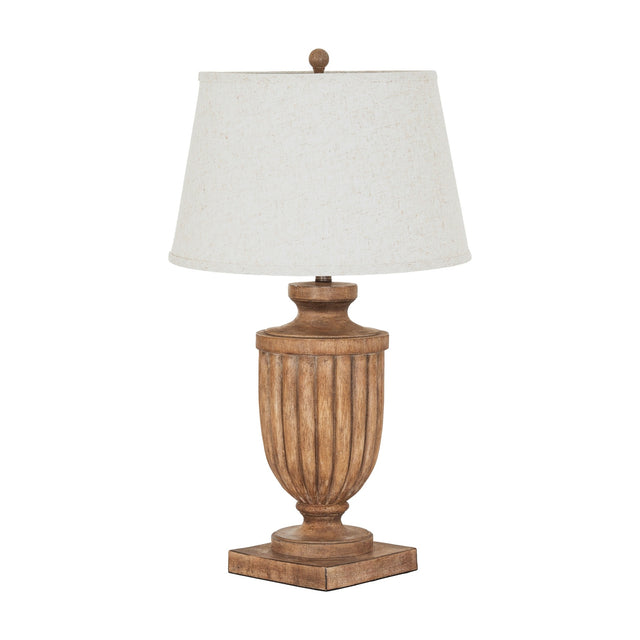 Hill Interiors Table Lamp with Edged Linen Shade in brown, featuring a fluted urn-shaped resin base on a square plinth and tapered linen shade.