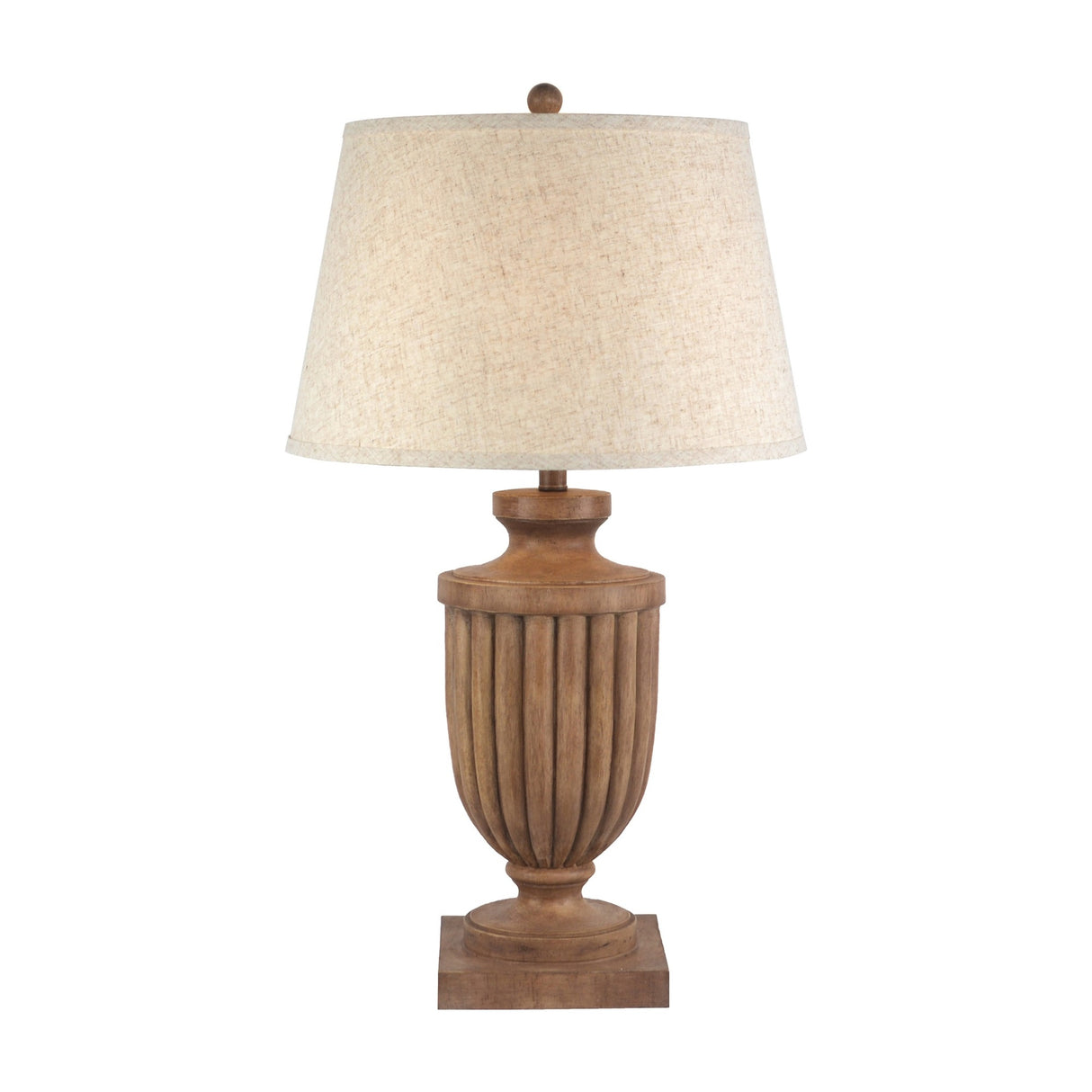 Hill Interiors Table Lamp with Edged Linen Shade in brown, featuring a fluted urn-shaped resin base on a square plinth and tapered linen shade.