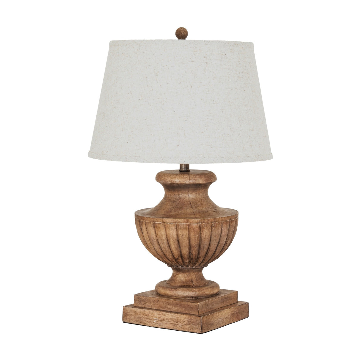 Hill Interiors table lamp with sculpted urn-shaped resin base in marbled brown and tapered edged linen shade, shown on a plain white background.