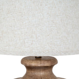 Close-up of Hill Interiors Table Lamp with Edged Linen Shade in brown, showing the sculpted resin base and cream linen drum shade against a white background.
