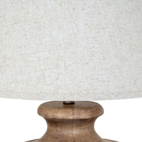 Close-up of Hill Interiors Table Lamp with Edged Linen Shade in brown, showing the sculpted resin base and cream linen drum shade against a white background.