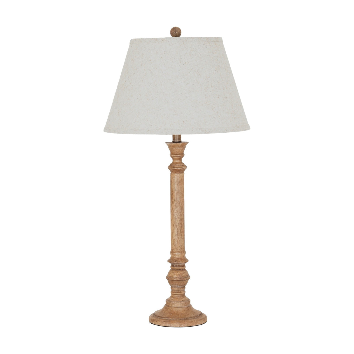 Hill Interiors Table Lamp with turned brown resin candlestick-style base and edged linen tapered shade, shown on a plain white background.