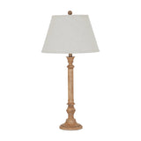 Hill Interiors Table Lamp with turned brown resin candlestick-style base and edged linen tapered shade, shown on a plain white background.