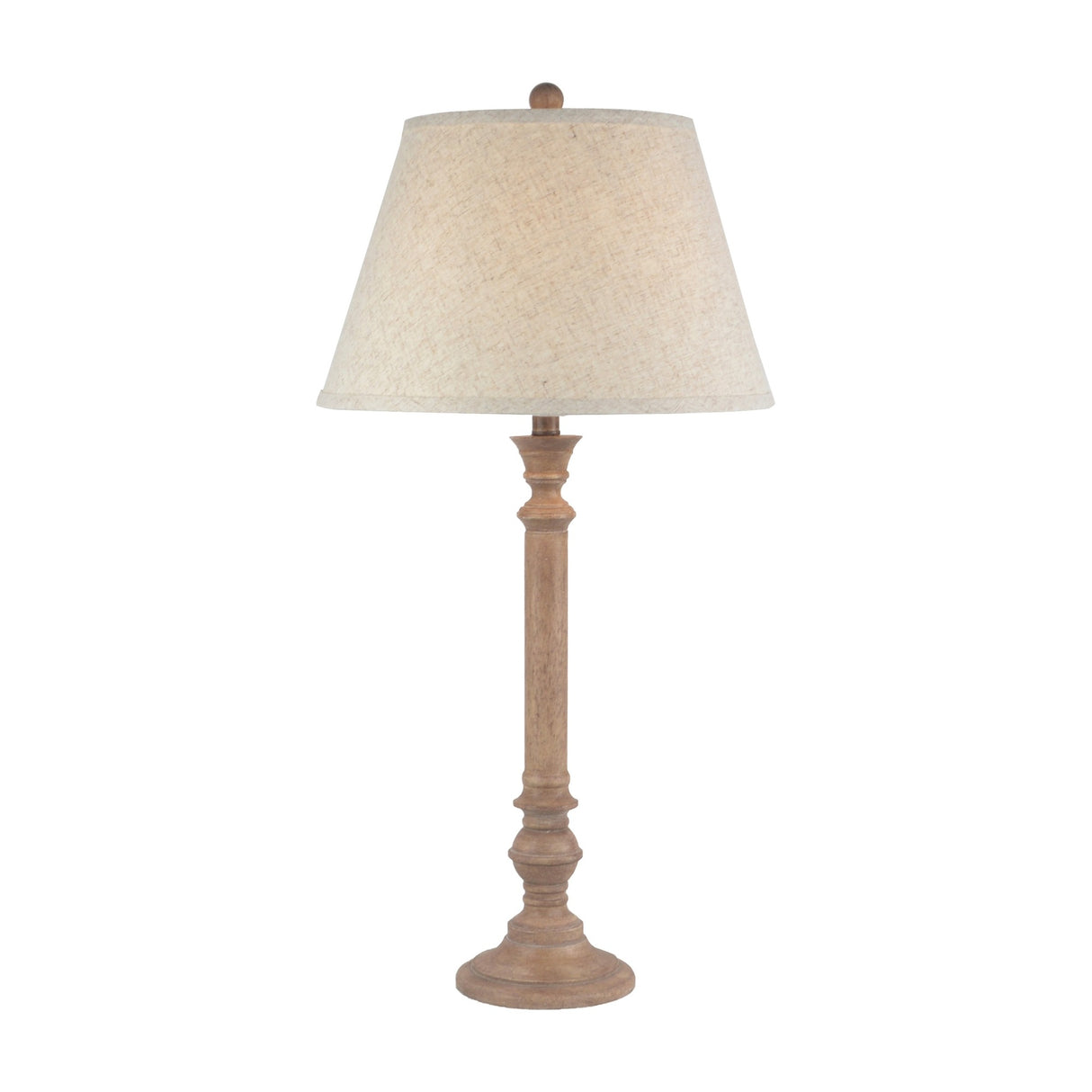 Hill Interiors Table Lamp With Edged Linen Shade in brown, featuring a turned resin column base and tapered cream linen shade on a white background.
