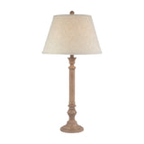 Hill Interiors Table Lamp With Edged Linen Shade in brown, featuring a turned resin column base and tapered cream linen shade on a white background.