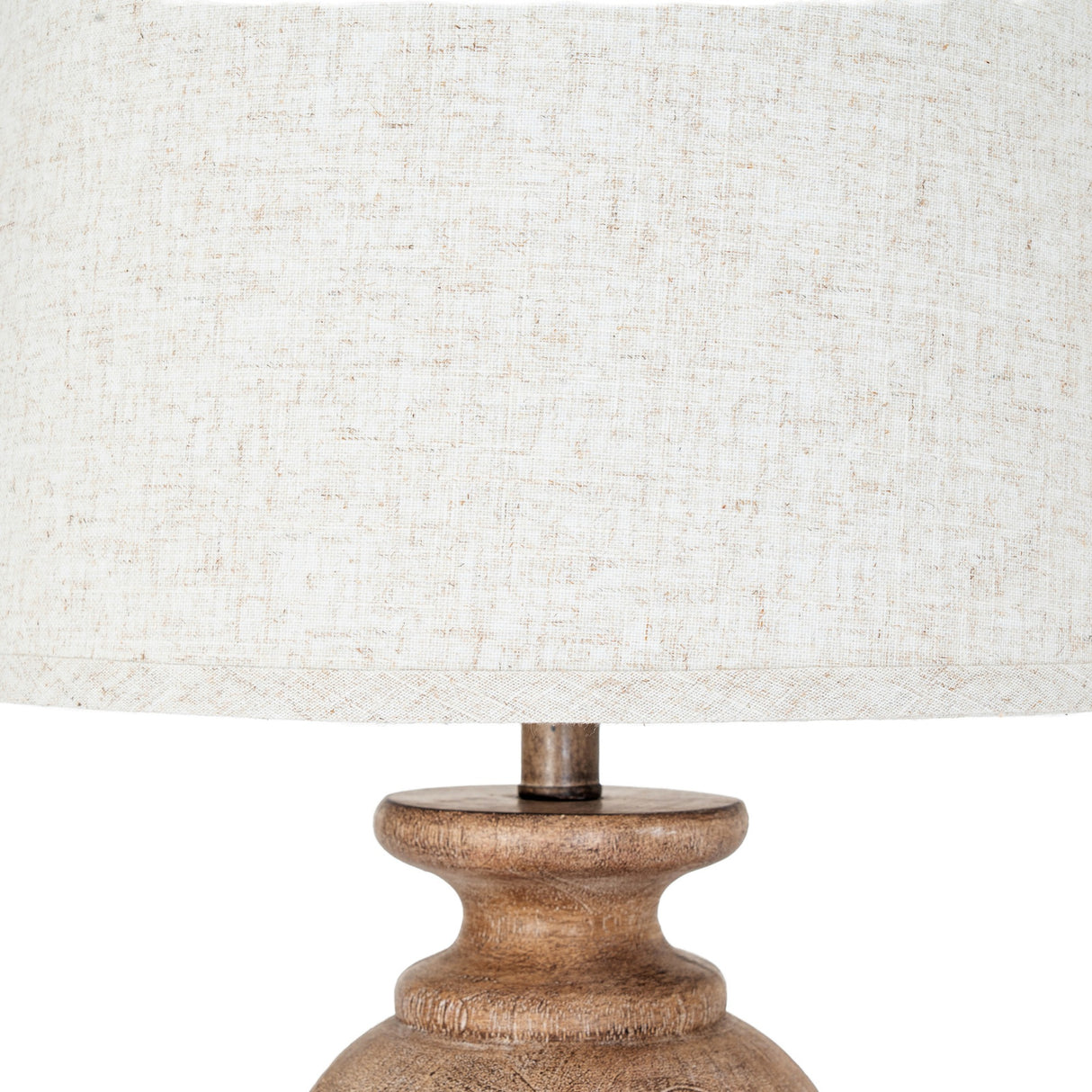 Hill Interiors Table Lamp with Edged Linen Shade in brown, close-up of the sculpted resin base and tailored cream linen drum shade.