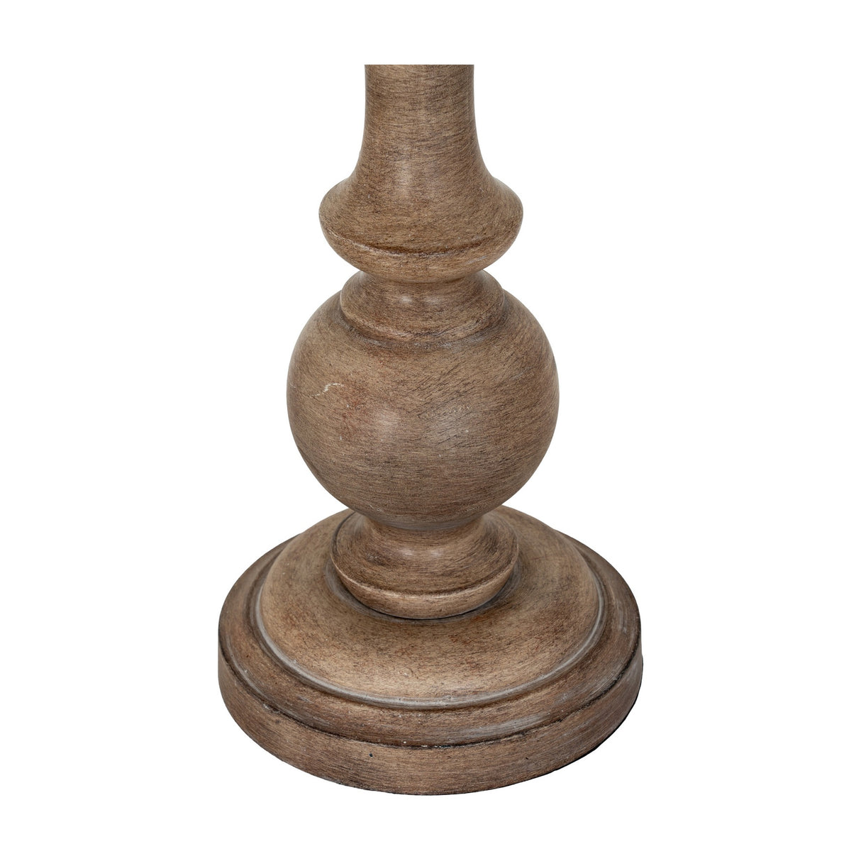 Close-up of the Hill Interiors Velantha table lamp's sculptural brown resin base, showing turned ball and baluster detailing on a round plinth.