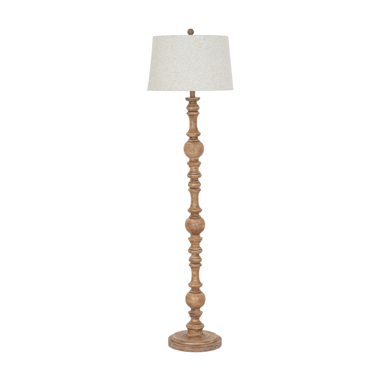 Hill Interiors Velantha floor lamp with turned brown resin baluster base and edged linen tapered shade, shown on a plain white background.
