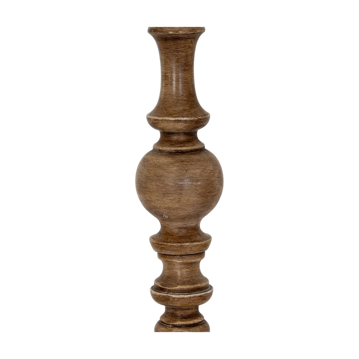Close-up of the Hill Interiors Velantha floor lamp's sculptural resin base, showing turned baluster detailing in a soft brown finish against a white background.