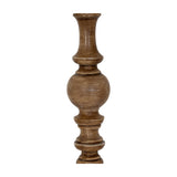 Close-up of the Hill Interiors Velantha floor lamp's sculptural resin base, showing turned baluster detailing in a soft brown finish against a white background.