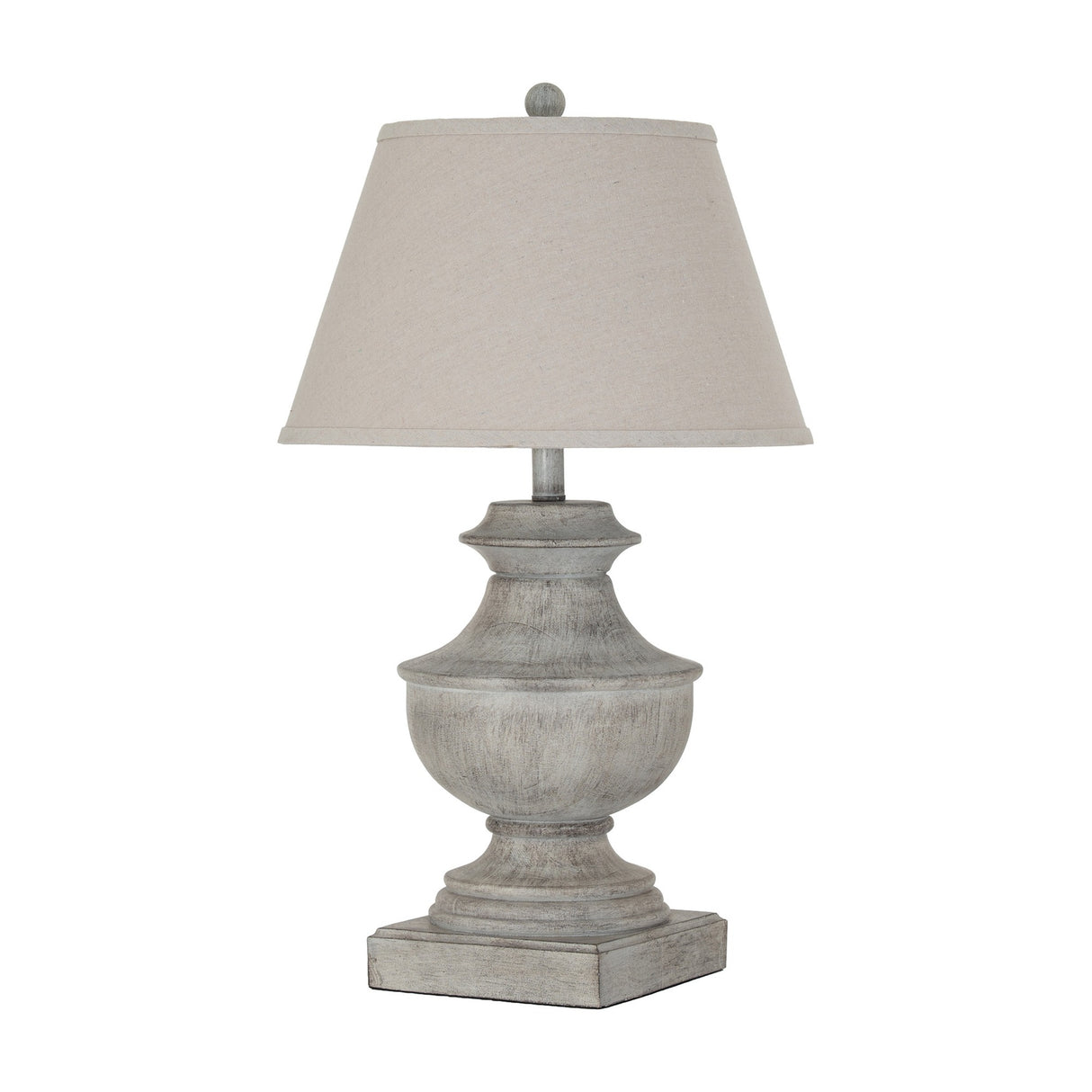 Hill Interiors Table Lamp with Linen Shade in white, featuring a sculpted resin urn-style base and tapered natural linen shade on a plain background.